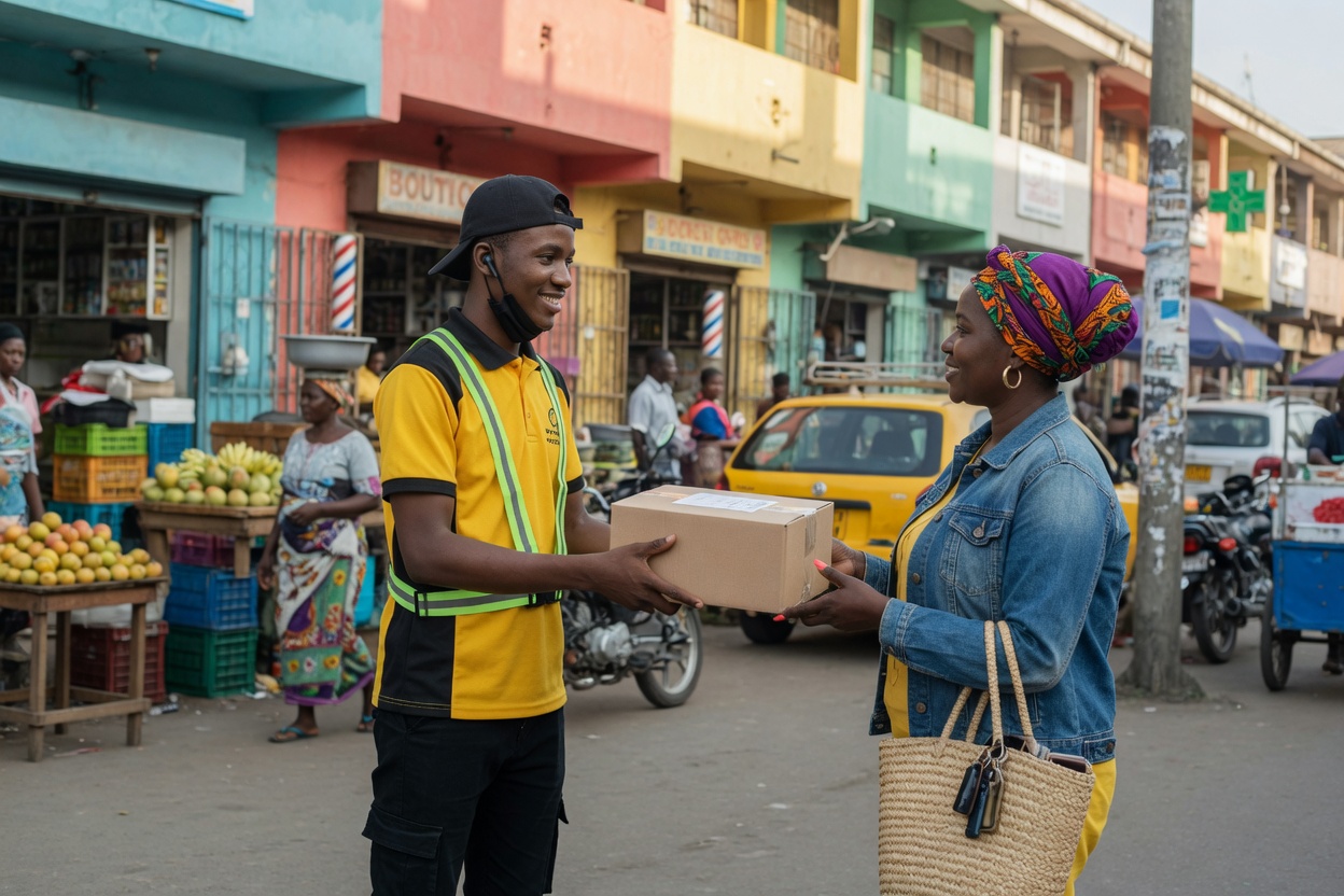 livreur remettant un paquet et recevant le paiement à la livraison en Côte d'Ivoire