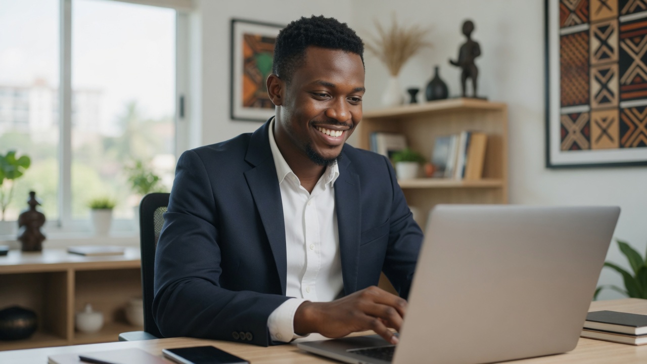 Jeune entrepreneur ivoirien souriant devant son ordinateur portable en gérant ses commandes