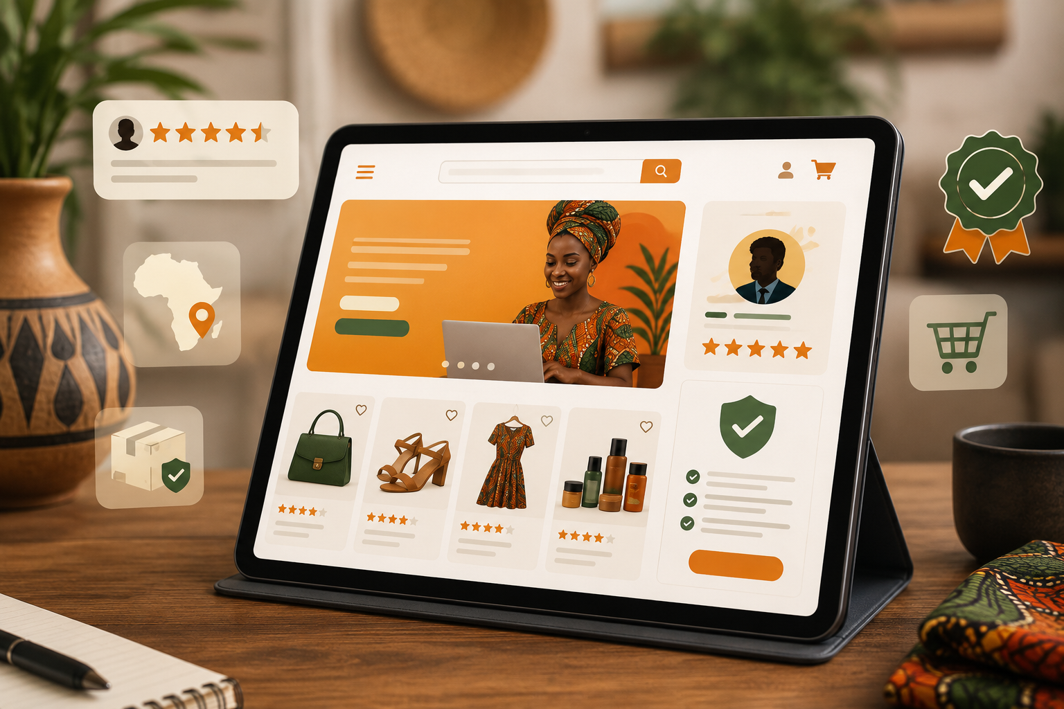 Illustration moderne au format paysage montrant une interface de boutique en ligne sur tablette, avec des étoiles d'avis clients visibles, une section À propos avec photo de vendeur, et un badge de confiance. Style graphique épuré aux couleurs chaudes, ambiance professionnelle adaptée à un entrepreneur africain urbain. Aucun texte lisible dans l'image.