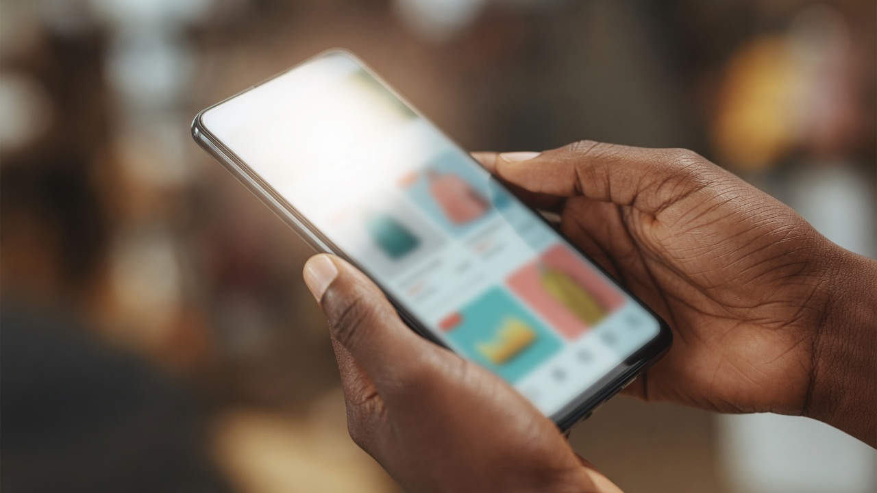 Écran de smartphone affichant une page boutique en ligne avec plusieurs produits et prix
