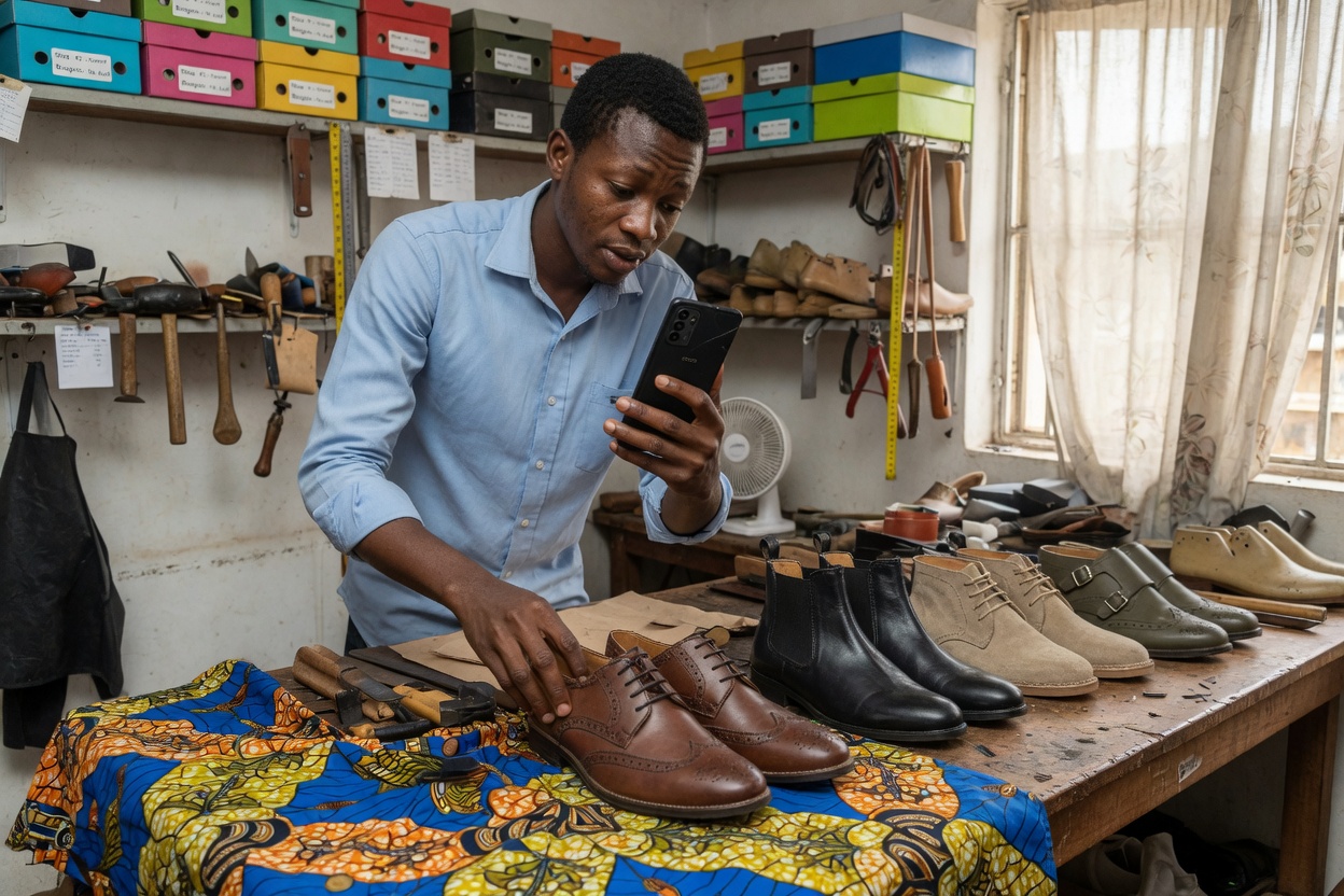 commerçant stabilisant son téléphone sur un support pour photographier des chaussures](commerçant stabilisant son téléphone pour photographier des chaussures