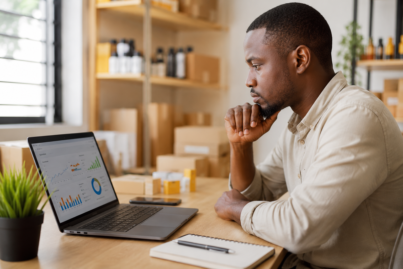 Photo réaliste d'un homme africain d'une trentaine d'années assis à un bureau simple avec un ordinateur portable ouvert, consultant des graphiques et statistiques de vente. Expression concentrée et studieuse. Ambiance intérieure lumineuse, bureau propre avec quelques produits emballés visibles en arrière-plan. Style naturel et professionnel, aucun texte lisible dans l'image.