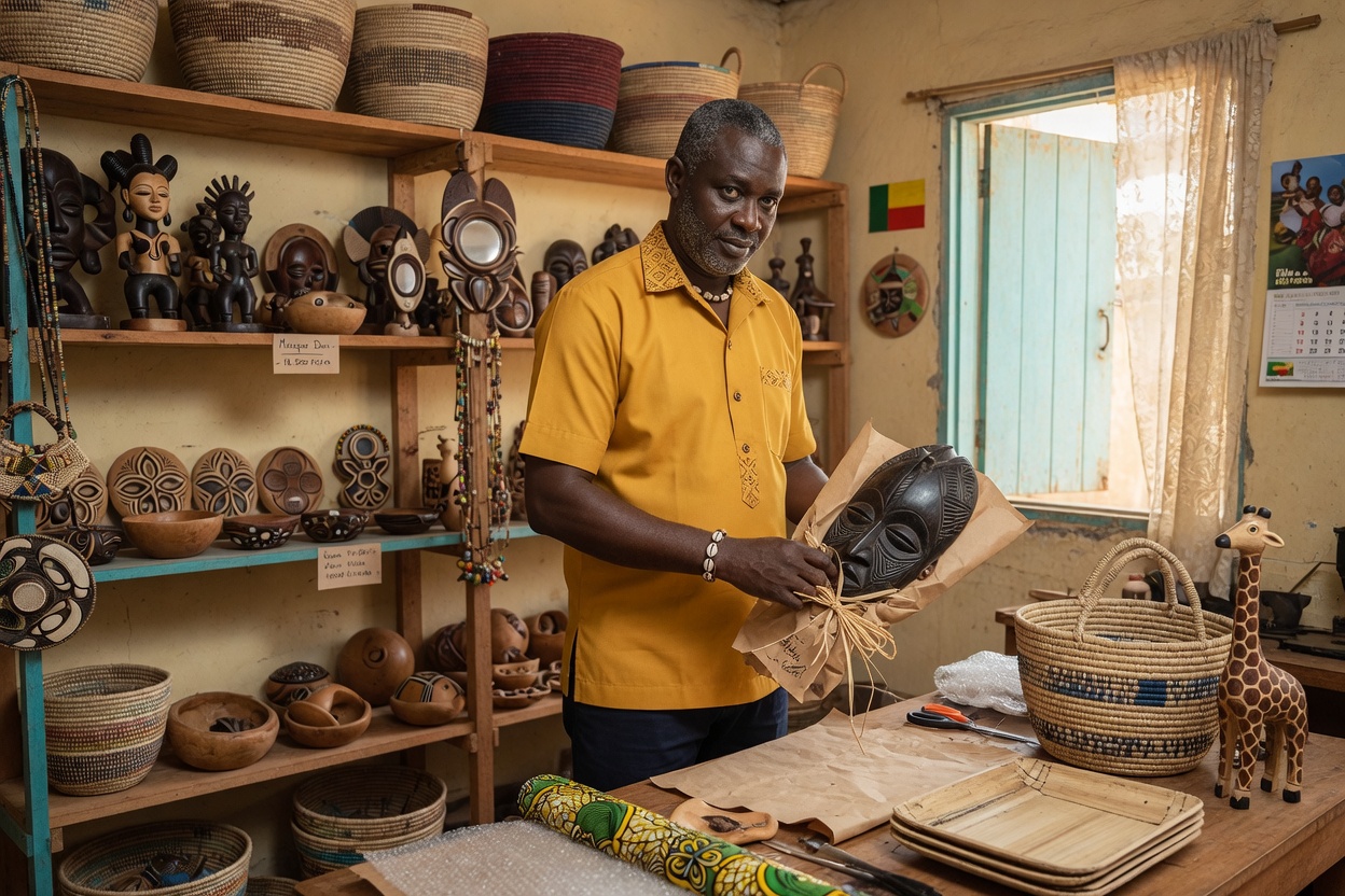 artisan béninois emballant des objets de décoration destinés à la vente en ligne