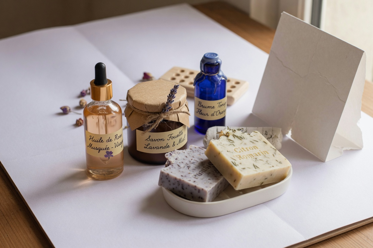 produits cosmétiques disposés sur fond blanc avec lumière douce naturelle
