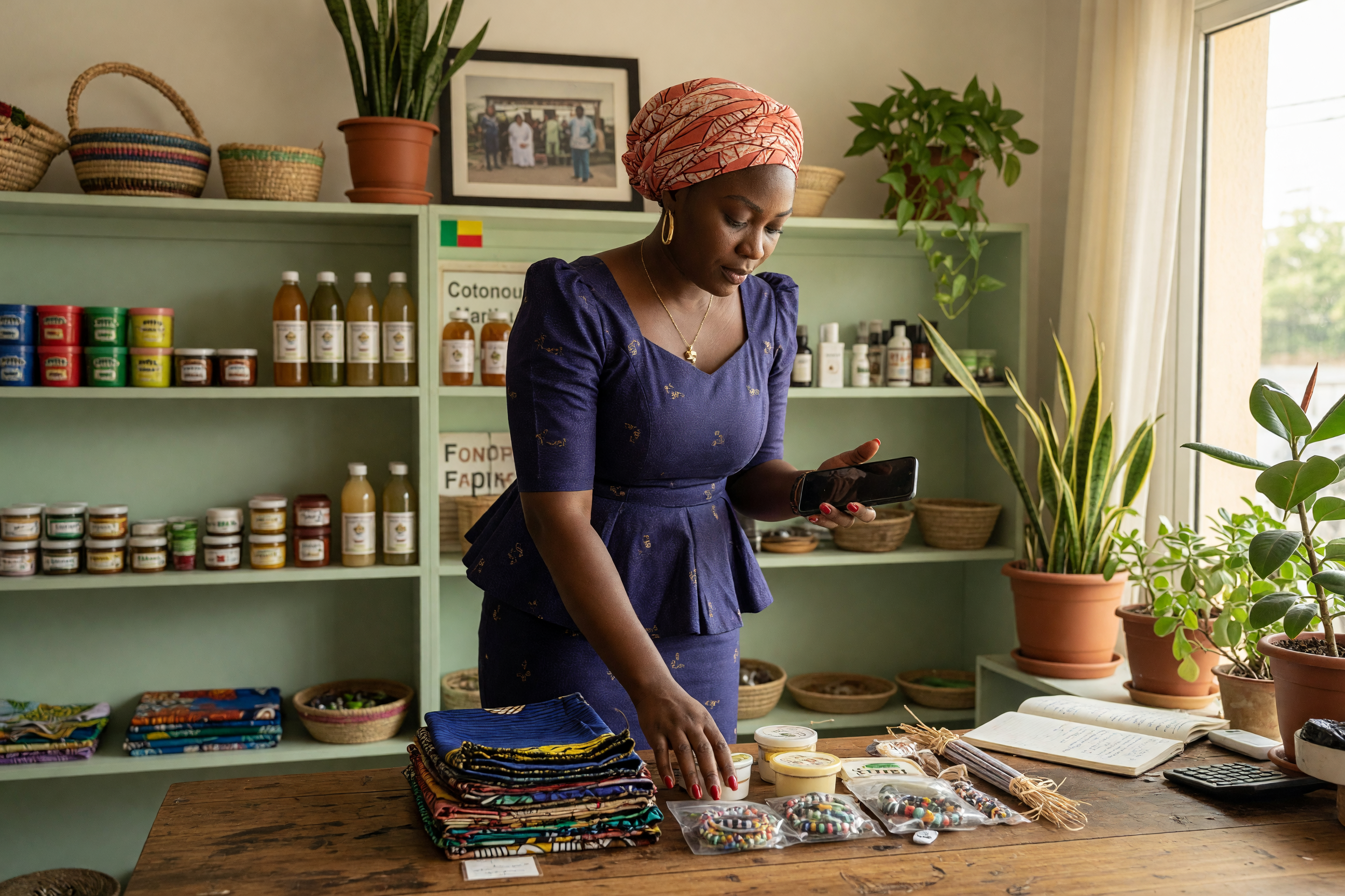 commerçante béninoise organisant son commerce en ligne au Bénin sur smartphone