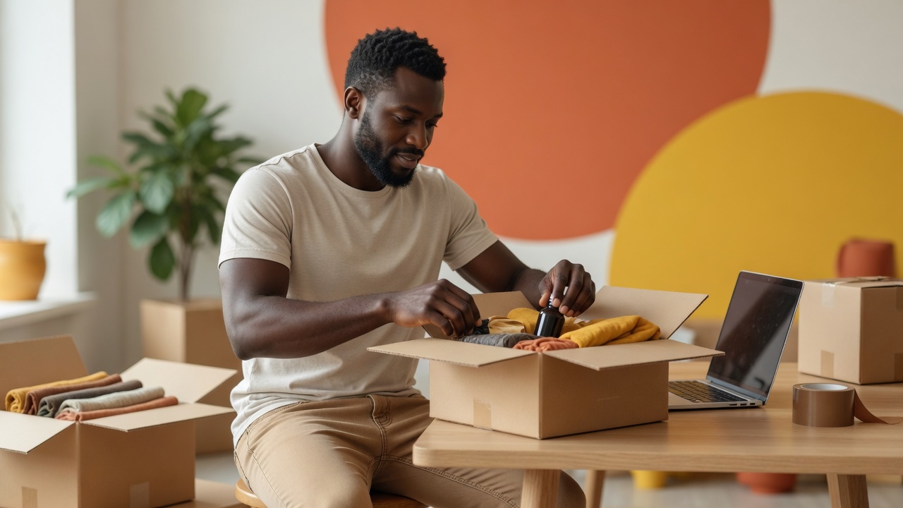Illustration moderne et colorée montrant une interface de smartphone simple avec quelques étapes de création de boutique en ligne : ajout de produit, photo, prix, bouton de publication, style flat design vibrant avec des couleurs inspirées de l'Afrique de l'Ouest, aucune marque ni texte lisible incrusté