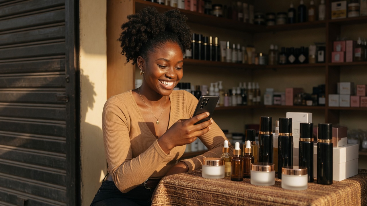 Photo réaliste d'une jeune commerçante ivoirienne souriante, assise dans une petite boutique de vêtements ou d'artisanat, en train de photographier ses produits avec un smartphone pour les mettre en ligne. Lumière naturelle chaleureuse, ambiance West Africa moderne et authentique, pas de texte incrusté