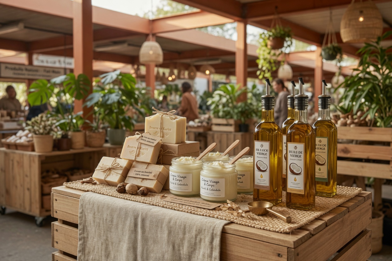 étal coloré de cosmétiques naturels au karité pour vendre en ligne au Bénin