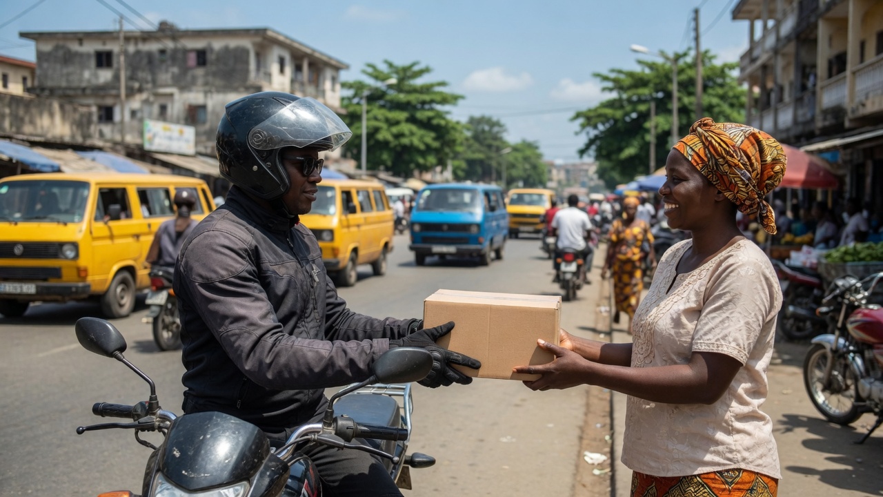 Livreur à moto remettant un colis à une cliente dans une rue animée d'Abidjan