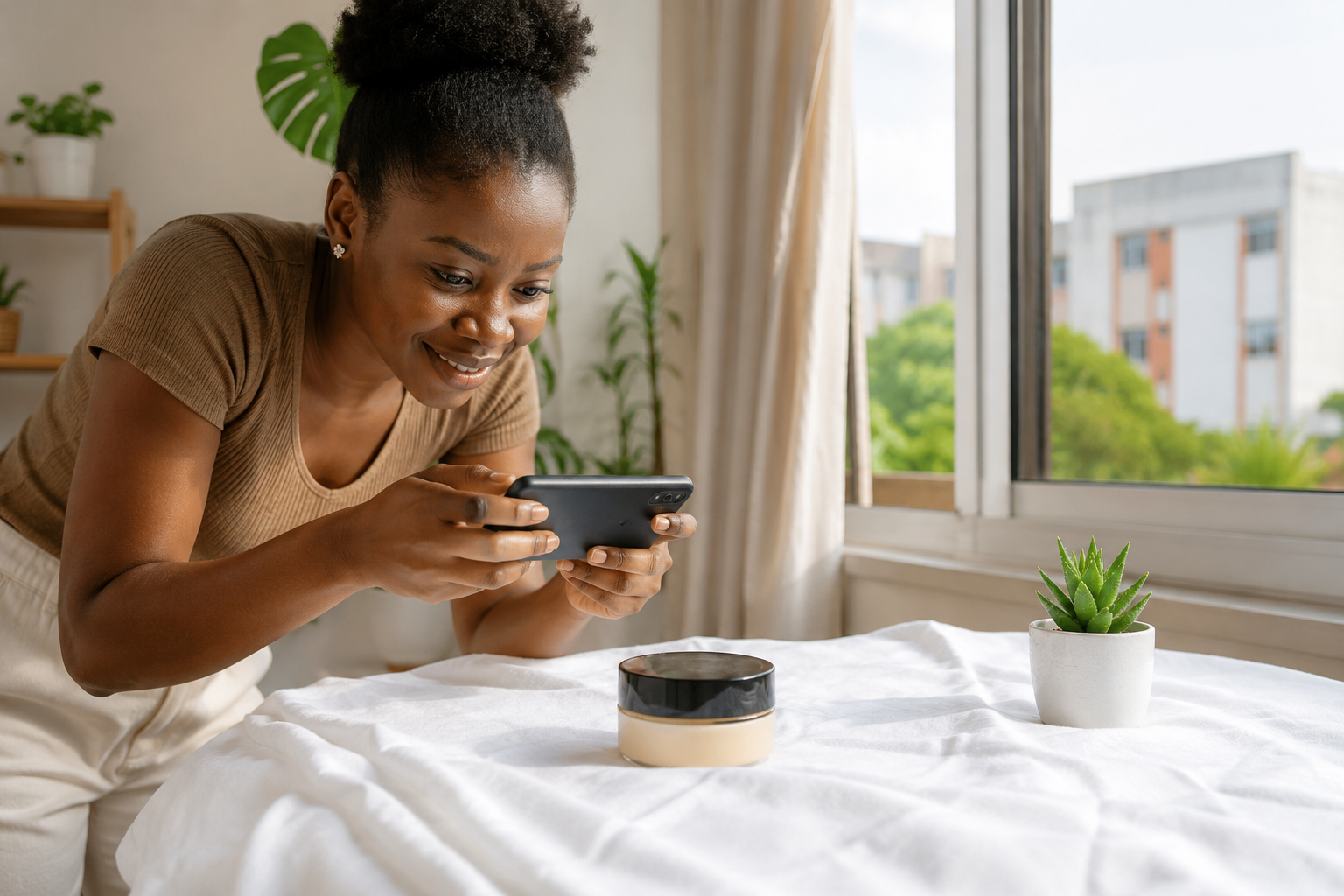 Photo réaliste d'une jeune femme africaine en train de photographier un produit cosmétique posé sur un tissu blanc, avec la lumière naturelle d'une fenêtre. Elle tient son smartphone à la main, concentrée. Ambiance lumineuse et épurée, décor intérieur simple d'un appartement urbain d'Afrique de l'Ouest. Aucun texte incrusté dans l'image.