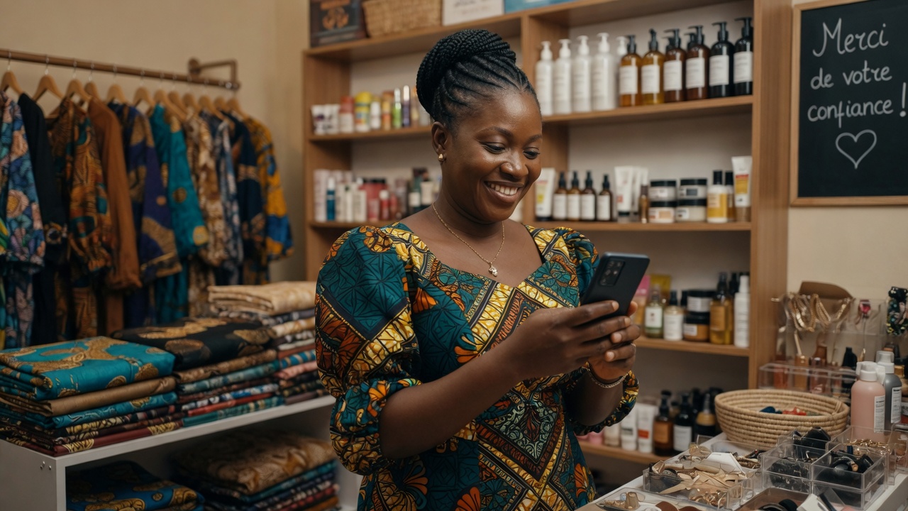 Photo réaliste d'une commerçante ouest-africaine souriante, la trentaine, assise dans sa boutique de vêtements ou d'accessoires, tenant un smartphone dans une main et regardant l'écran d'un ordinateur portable ouvert sur une interface de boutique en ligne colorée, ambiance chaleureuse et lumineuse, marché ou petite boutique en arrière-plan, style photo réaliste, lumière naturelle, aucun texte incrusté