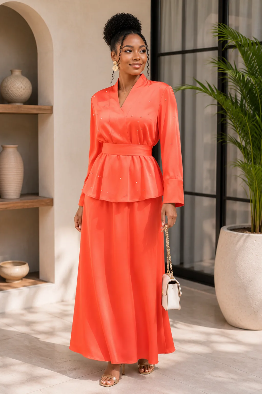 Ensemble jupe et haut en soie orange avec ceinture