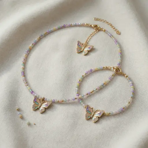 Ensemble bijoux en perles avec médaille papillon