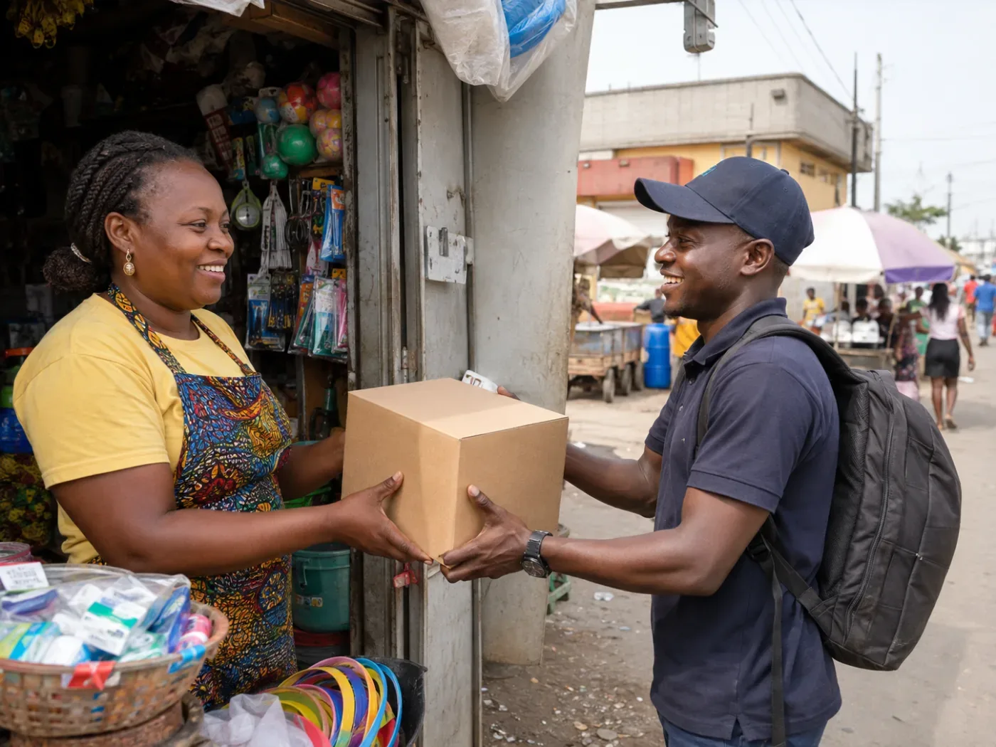 Un livreur récupère un colis auprès d’une commerçante devant sa boutique à Cotonou.