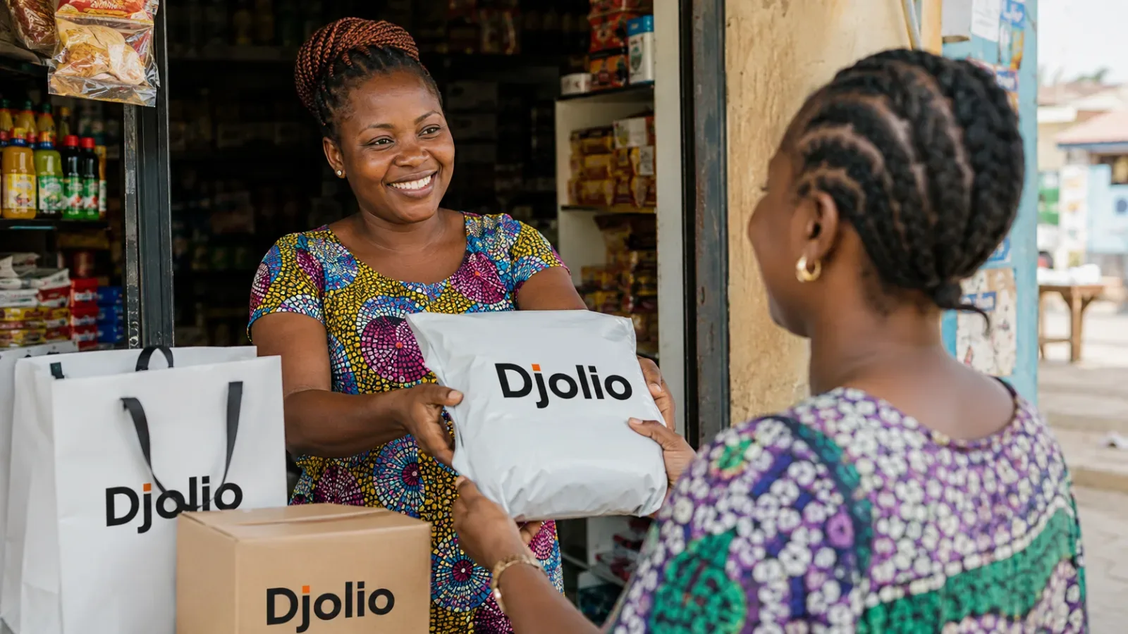 Une commerçante béninoise remet un colis à un client dans sa boutique, à Cotonou.
