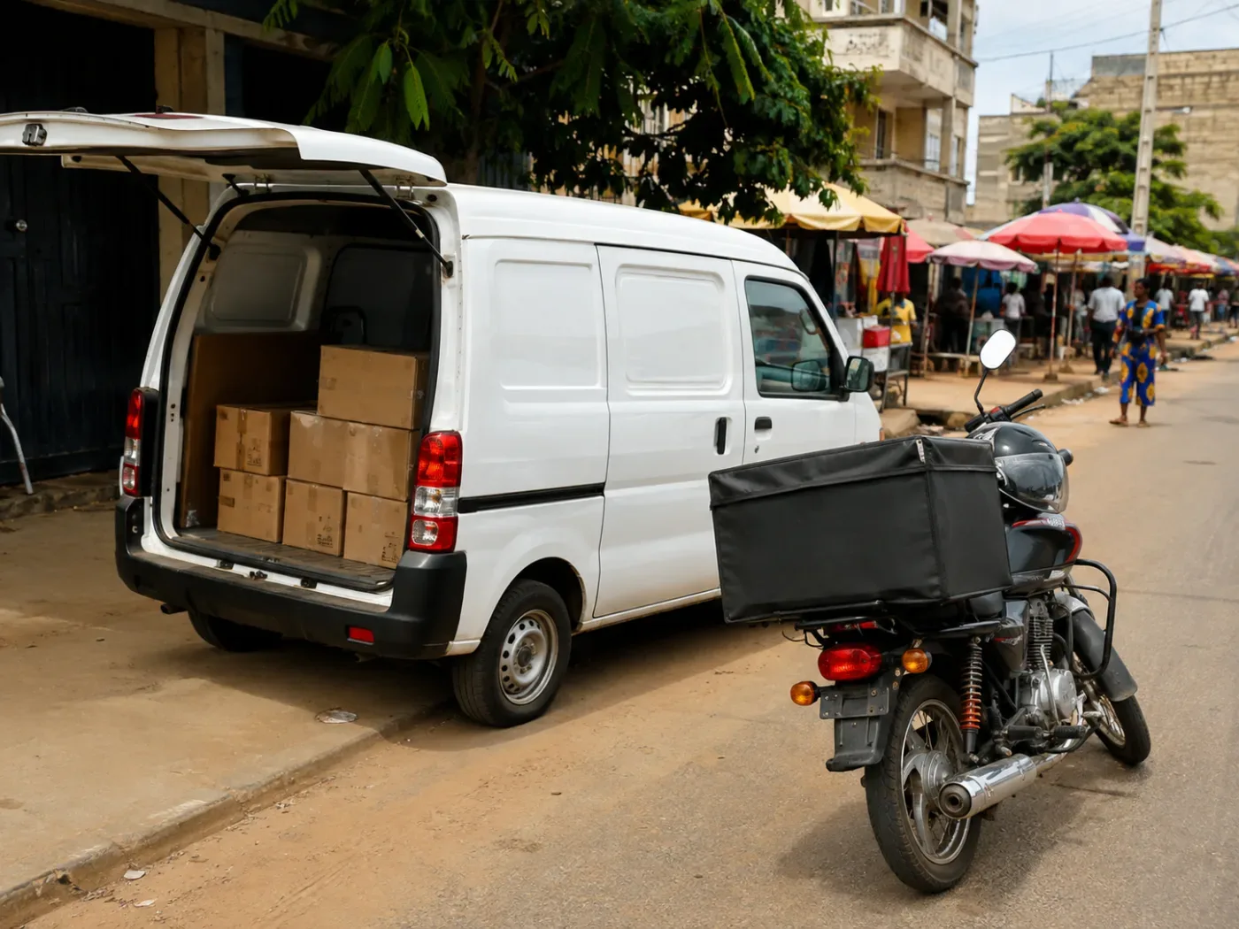 Une moto de livraison et une camionnette utilitaire garées dans une rue de Cotonou.